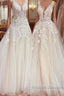 Charming Long A-Line V-neck Appliques Lace Tulle Wedding Dress
