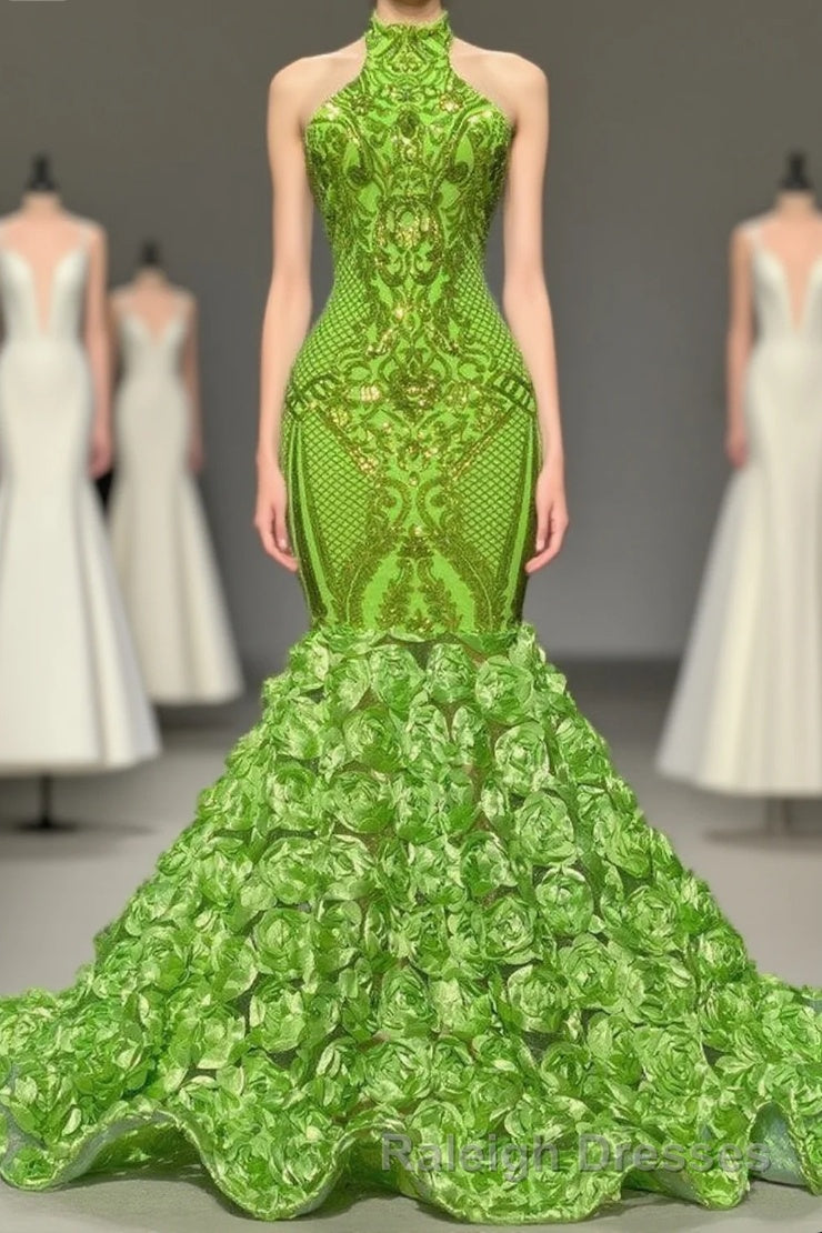 Charming Long Mermaid Halter Satin Lace Backless Prom Dress Main image