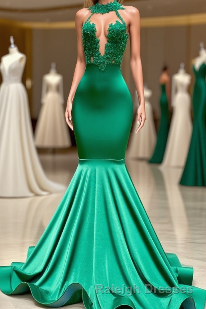 Charming Long Mermaid Halter Stretch Satin Lace Backless Prom Dress Main image