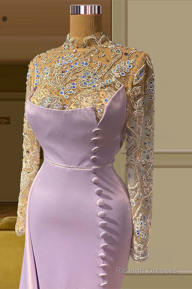 Charming Long Mermaid High Neck Lace Beading Prom Prom Dresses With Long Sleeves Secondary image