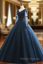 Charming Long Sleeves Navy Blue Tulle Party Gown, Navy Blue Prom Dress