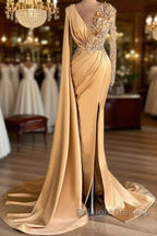 Charming Long Sleeves V-Neck Mermaid Long Prom Dresses With Side Train