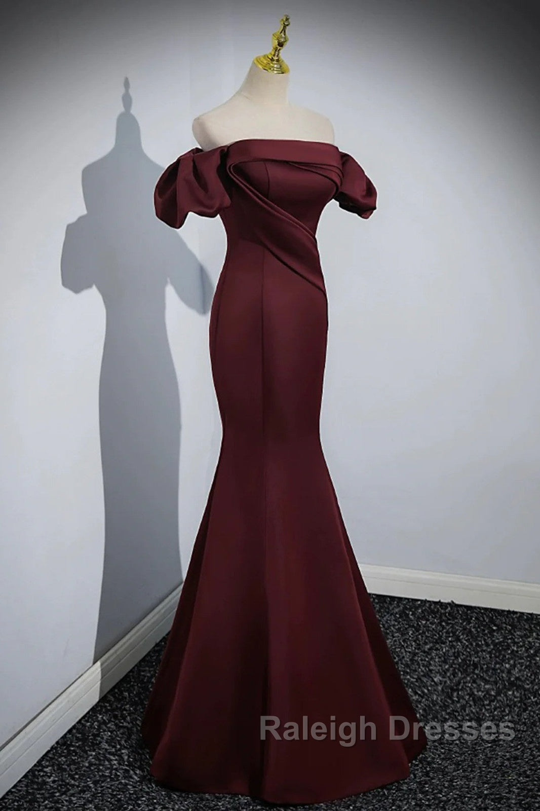 Charming Maroon Satin Mermaid Off Shoulder Prom Dress, Maroon Party Dress
