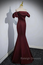 Charming Maroon Satin Mermaid Off Shoulder Prom Dresses Maroon Prom Dresses