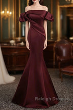 Charming Maroon Satin Mermaid Off Shoulder Prom Dress, Maroon Party Dress