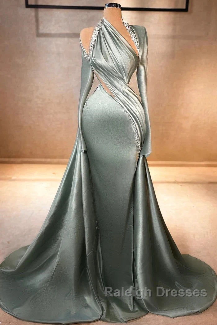 Charming Mermaid Irregular Collar Satin Rhinestone Halter Ruffled Prom Dresses Long Prom Gown Secondary image