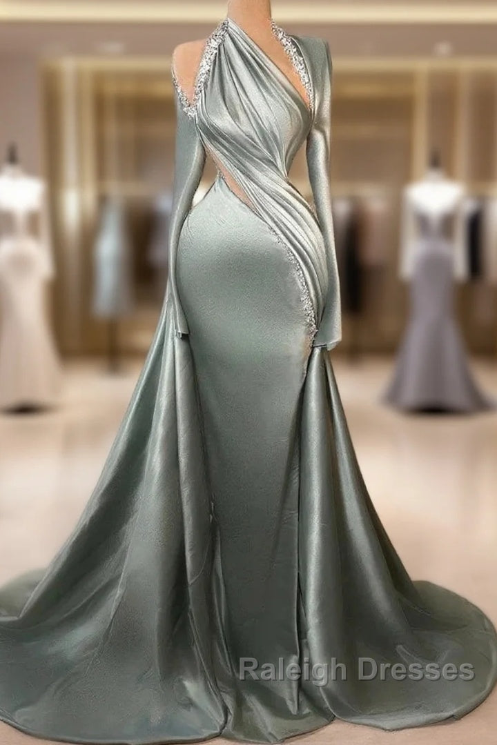 Charming Mermaid Irregular Collar Satin Rhinestone Halter Ruffled Prom Dresses Long Prom Gown