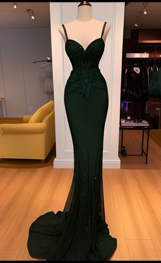 Charming Mermaid Spaghetti Straps Lace Dark Green Formal Prom Dress Long Main image