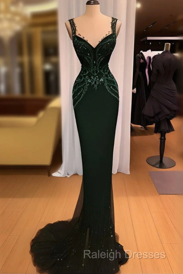 Charming Mermaid Straps Dark Green Sequin Prom Dresses Long Prom Dress Main image