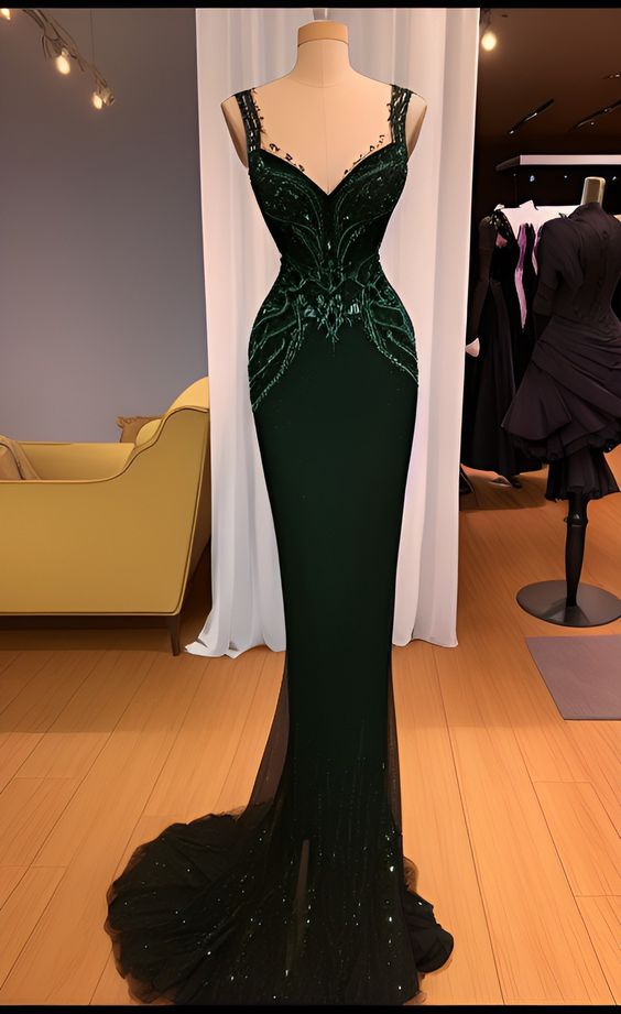 Charming Mermaid Straps Dark Green Sequin Prom Dresses Long Prom Dress