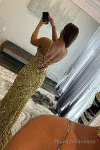 Charming Mermaid V Nekc Gold Sequins Long Prom Dresses with Slit