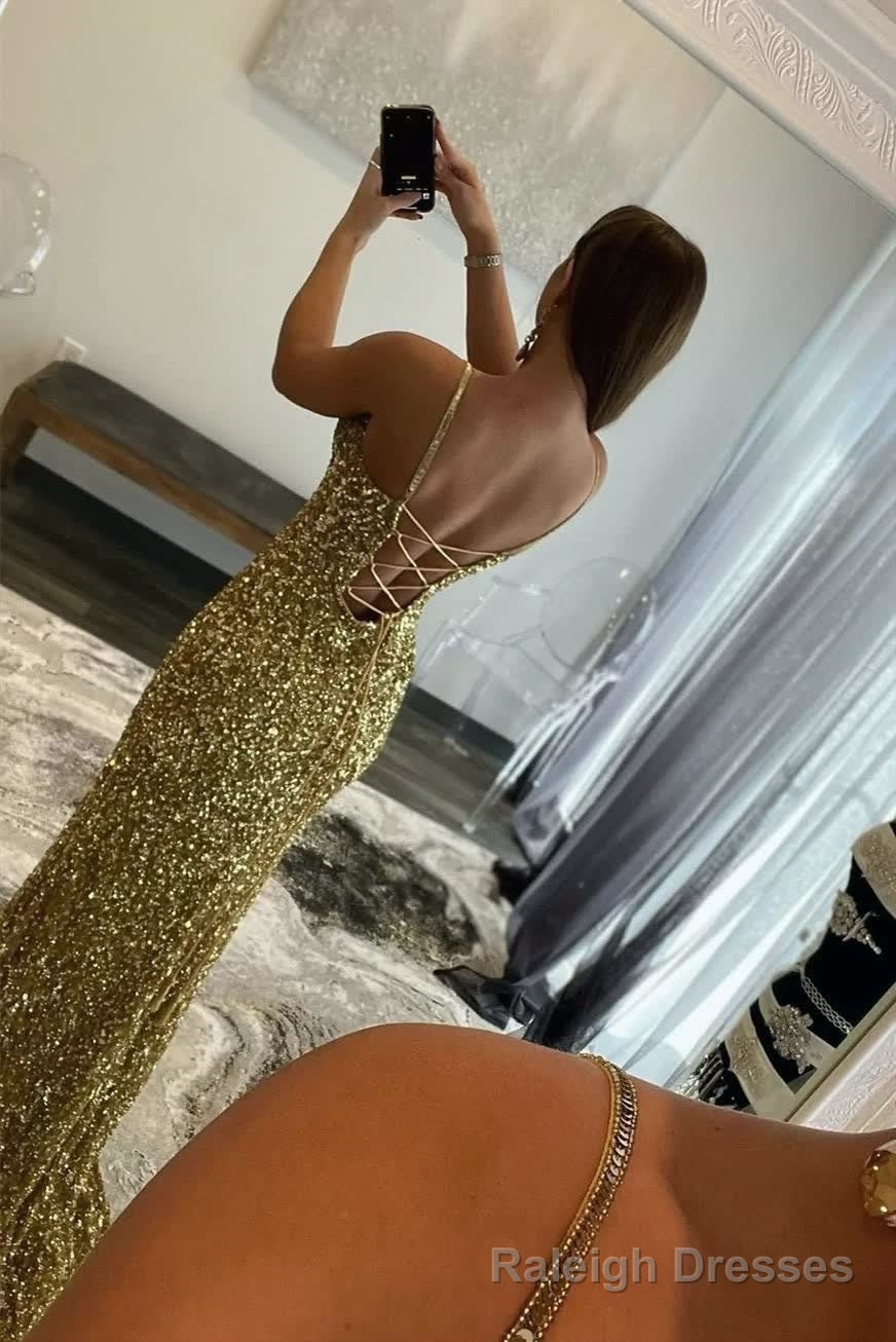 Charming Mermaid V Nekc Gold Sequins Long Prom Dresses with Slit