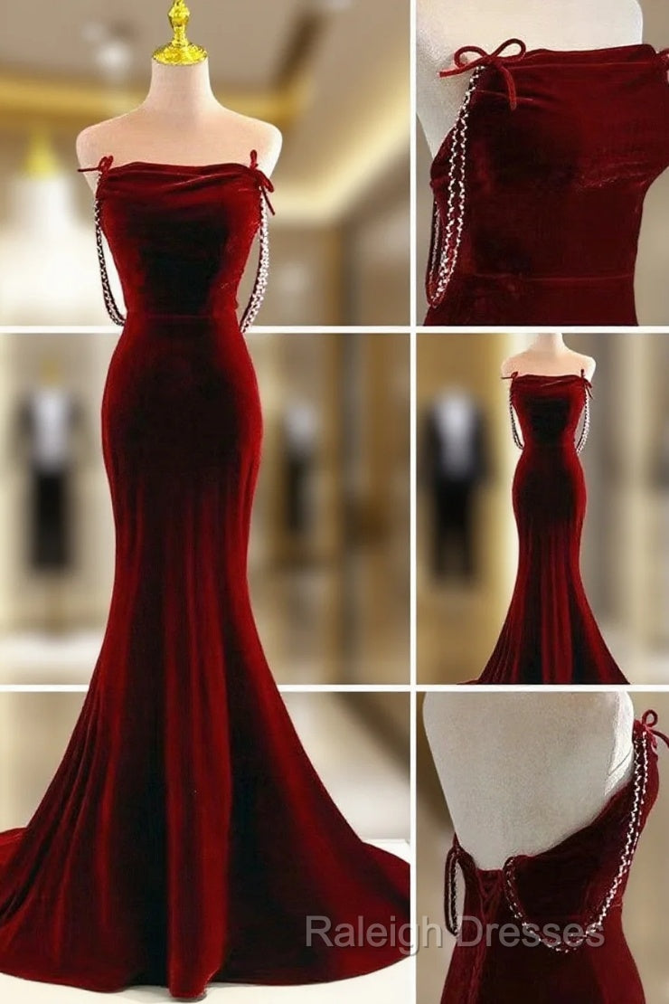 Charming Mermaid Wine Red Long Velvet Evening Dress, Wine Red Long Party Dress Main image