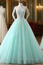 Charming Mint Green Tulle Ball Gown Sweet 16 Dress, Lace Applique Prom Dress