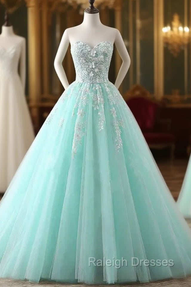 Charming Mint Green Tulle Ball Gown Sweet 16 Dress, Lace Applique Prom Dress