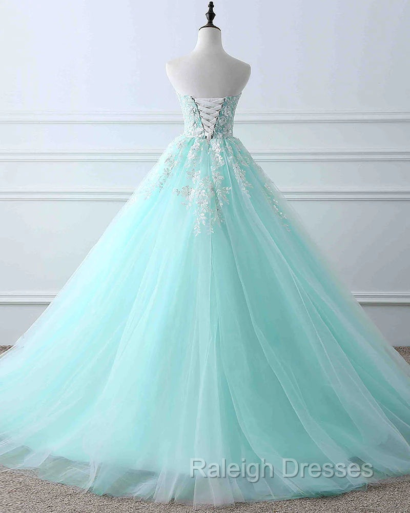 Charming Mint Green Tulle Ball Gown Sweet 16 Dress, Lace Applique Prom Dress