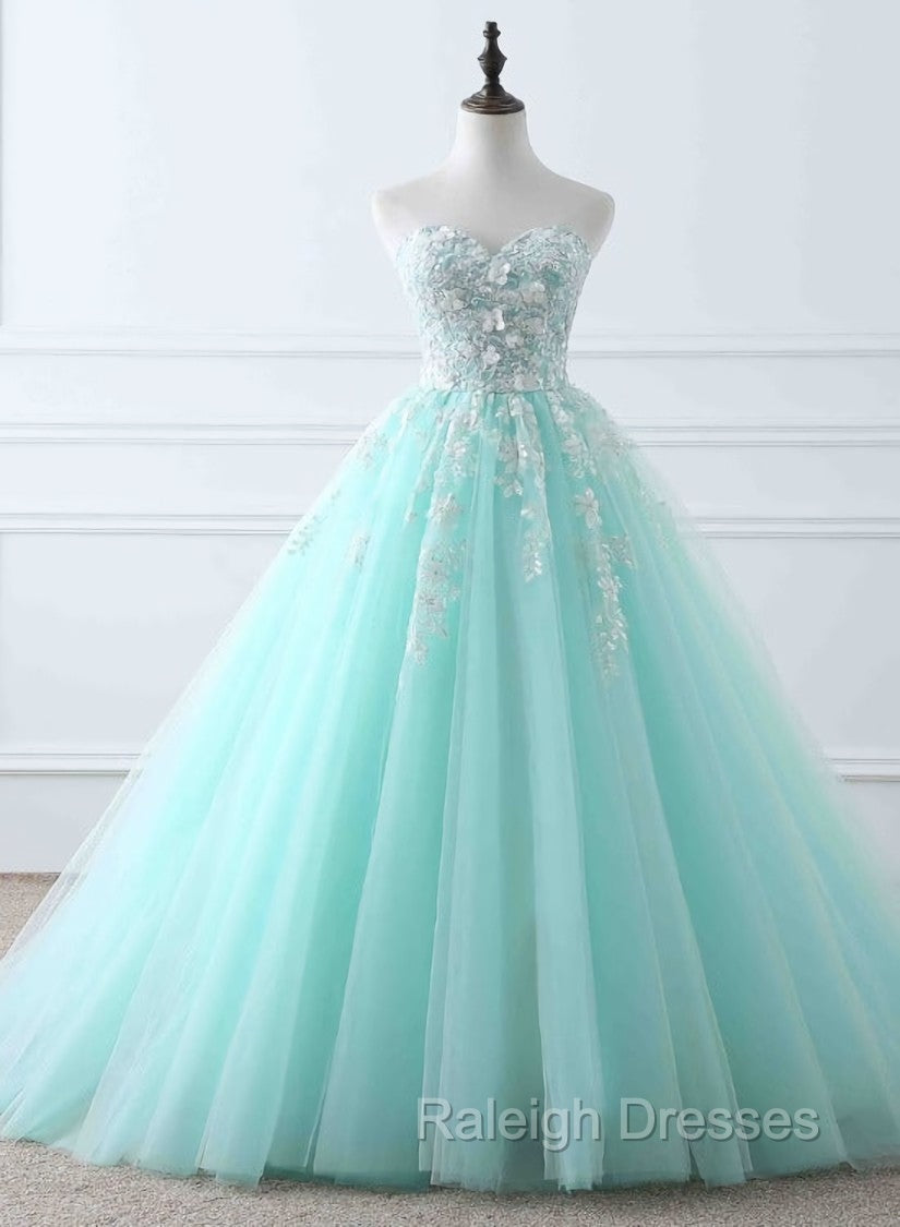 Charming Mint Green Tulle Ball Gown Sweet 16 Dress, Lace Applique Prom Dress Main image