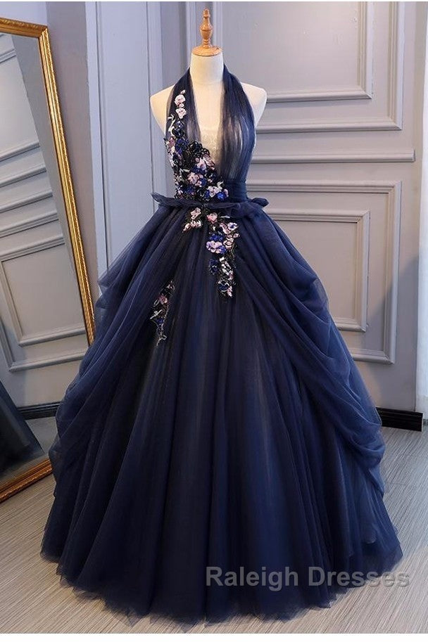 Charming Navy Blue Halter Tulle Party Dress With Flower Applique, Blue Gown