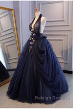 Charming Navy Blue Halter Tulle Party Dress With Flower Applique, Blue Gown
