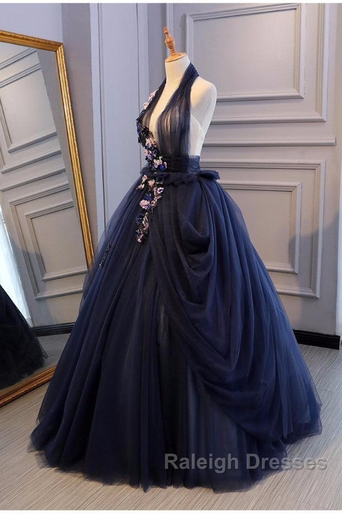 Charming Navy Blue Halter Tulle Party Dress With Flower Applique, Blue Gown