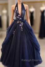 Charming Navy Blue Halter Tulle Party Dress With Flower Applique, Blue Gown