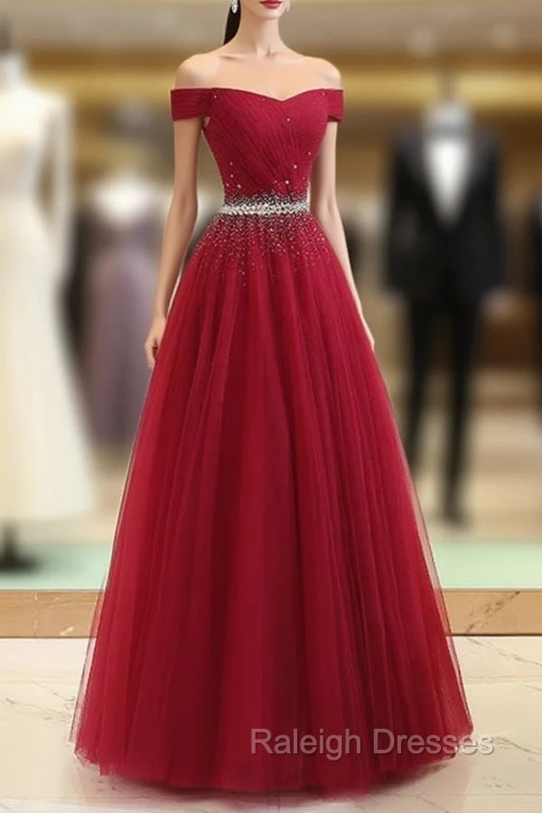 Charming Navy Blue Off Shoulder Floor Length Beaded Party Dress, Party Dress