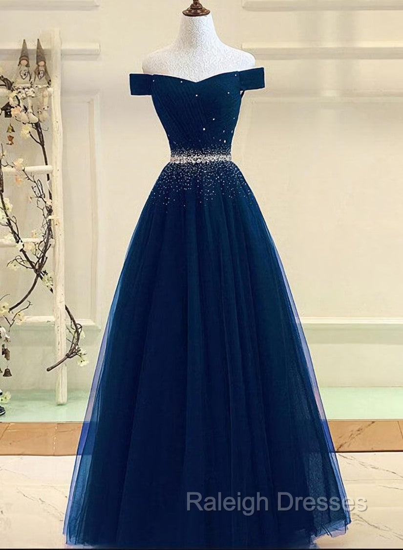 Charming Navy Blue Off Shoulder Floor Length Beaded Party Dress, Party Dress Main image