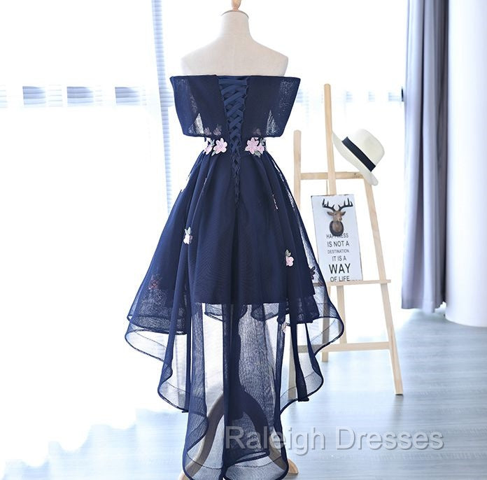 Charming Navy Blue Tulle Prom Dress with Flowers, Cute Prom Dress