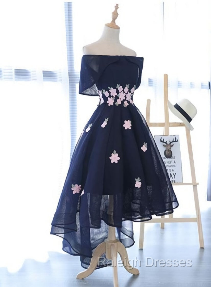 Charming Navy Blue Tulle Prom Dress with Flowers, Cute Prom Dress Main image