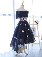 Charming Navy Blue Tulle Prom Dress with Flowers, Cute Prom Dress
