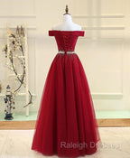 Charming Off Shoulder Tulle Beaded Prom Gown Wine Red Long Junior Prom Dresses