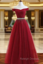 Charming Off Shoulder Tulle Beaded Prom Gown, Wine Red Long Junior Prom Dress