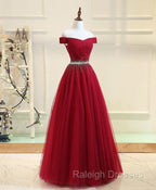 Charming Off Shoulder Tulle Beaded Prom Gown Wine Red Long Junior Prom Dresses