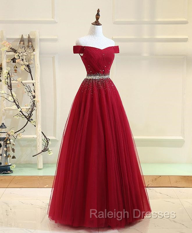 Charming Off Shoulder Tulle Beaded Prom Gown Wine Red Long Junior Prom Dresses