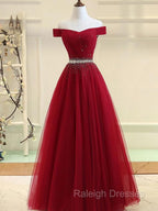 Charming Off Shoulder Tulle Beaded Prom Gown Wine Red Long Junior Prom Dresses