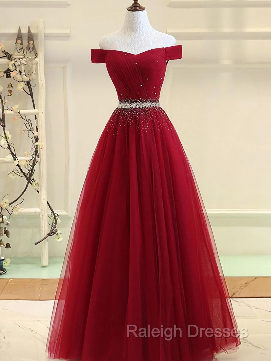 Charming Off Shoulder Tulle Beaded Prom Gown Wine Red Long Junior Prom Dresses