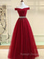 Charming Off Shoulder Tulle Beaded Prom Gown Wine Red Long Junior Prom Dresses