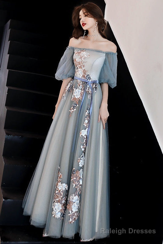 Charming Off Shoulder Tulle Long Party Dress, Floral Applique Party Dress Secondary image