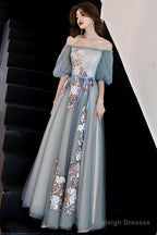 Charming Off Shoulder Tulle Long Party Dress, Floral Applique Party Dress