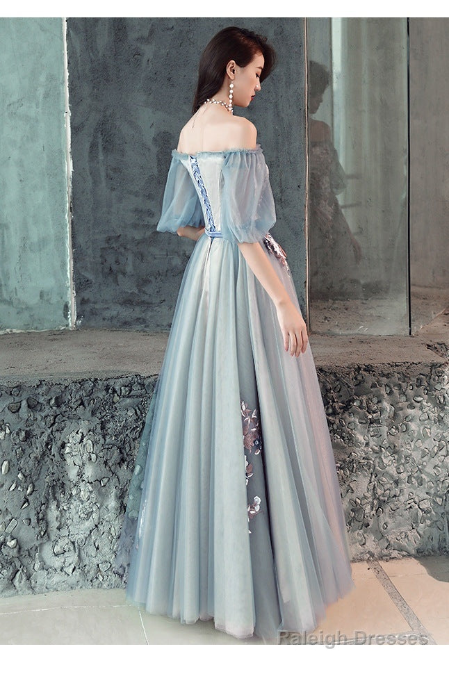 Charming Off Shoulder Tulle Long Party Dress, Floral Applique Party Dress