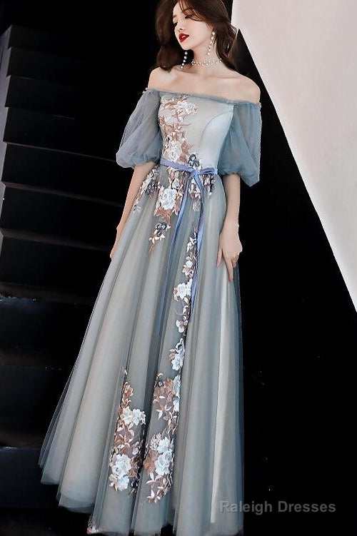 Charming Off Shoulder Tulle Long Party Dress, Floral Applique Party Dress Main image