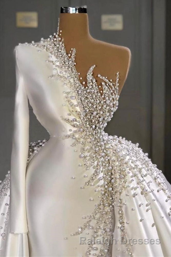 Charming One Shoulder Satin Mermaid Bridal Gowns Pearls Beading Party Gowns Secondary image