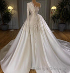Charming One Shoulder Satin Mermaid Bridal Gowns Pearls Beading Prom Gowns