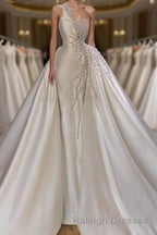 Charming One Shoulder Satin Mermaid Bridal Gowns Pearls Beading Prom Gowns