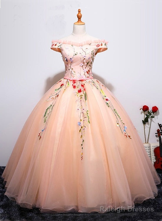 Charming Pearl Pink Tulle Ball Gown Tulle Sweet 16 Dress, Floral Formal Dress Main image