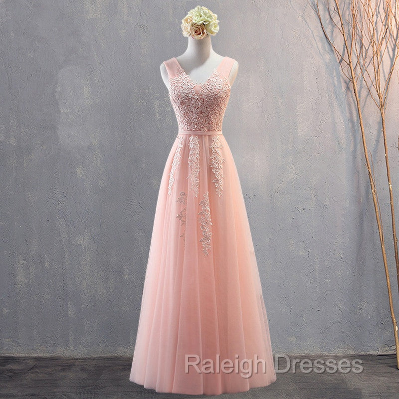 Charming Pearl Pink Tulle Simple Party Dress with Lace, V-neckline Long Formal Dress Secondary image