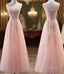 Charming Pearl Pink Tulle Simple Party Dress with Lace, V-neckline Long Formal Dress