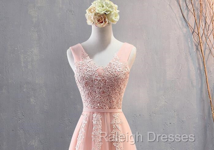 Charming Pearl Pink Tulle Simple Prom Dress with Lace, V Neckline Long Formal Dress