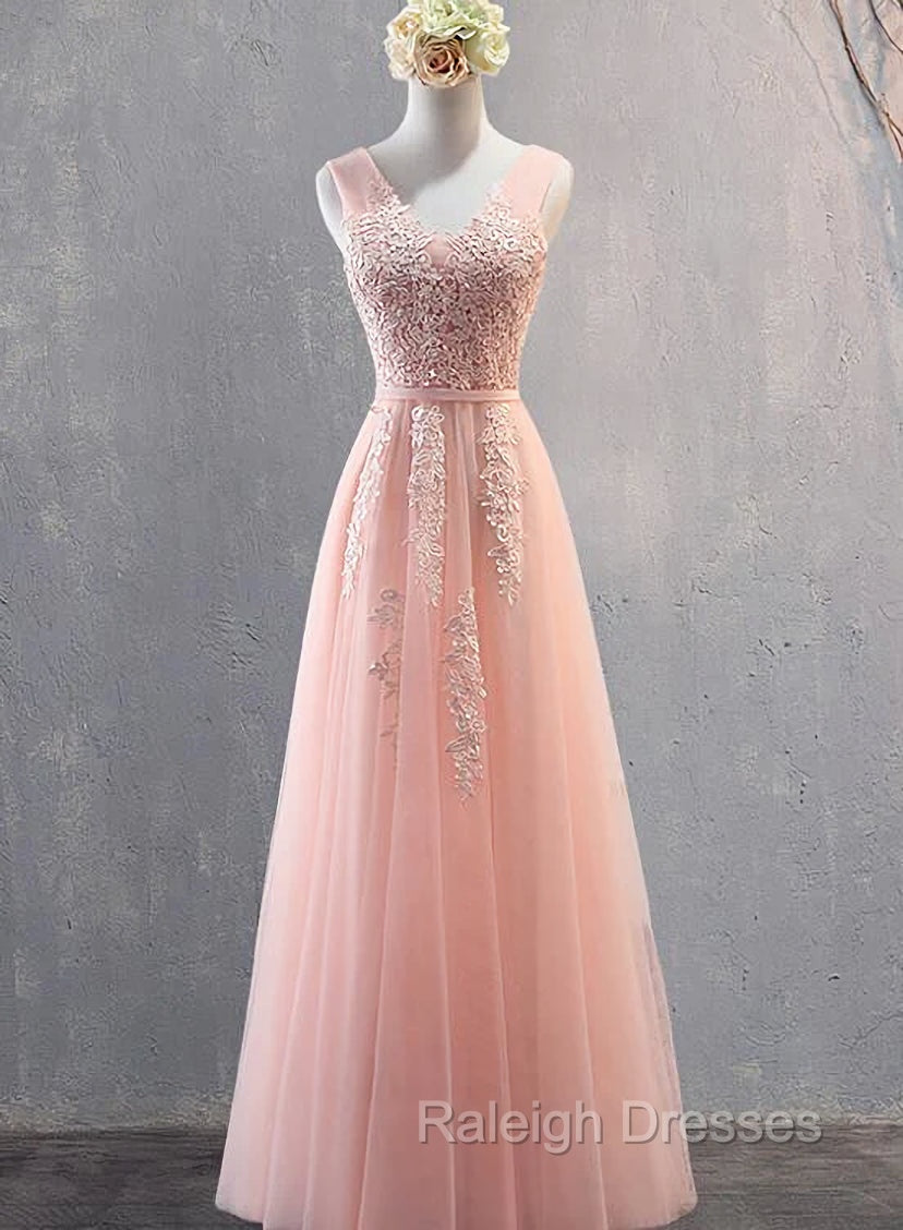 Charming Pearl Pink Tulle Simple Party Dress with Lace, V-neckline Long Formal Dress Main image
