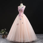 Charming Pink Flowers Ball Gowns Long Sweet 16 Dress, Pink Prom Dress